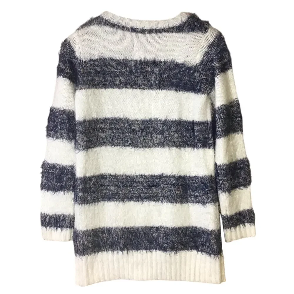 Hem & Thread blue white striped fuzzy sweater long cozy eyelash WOMENS SMALL